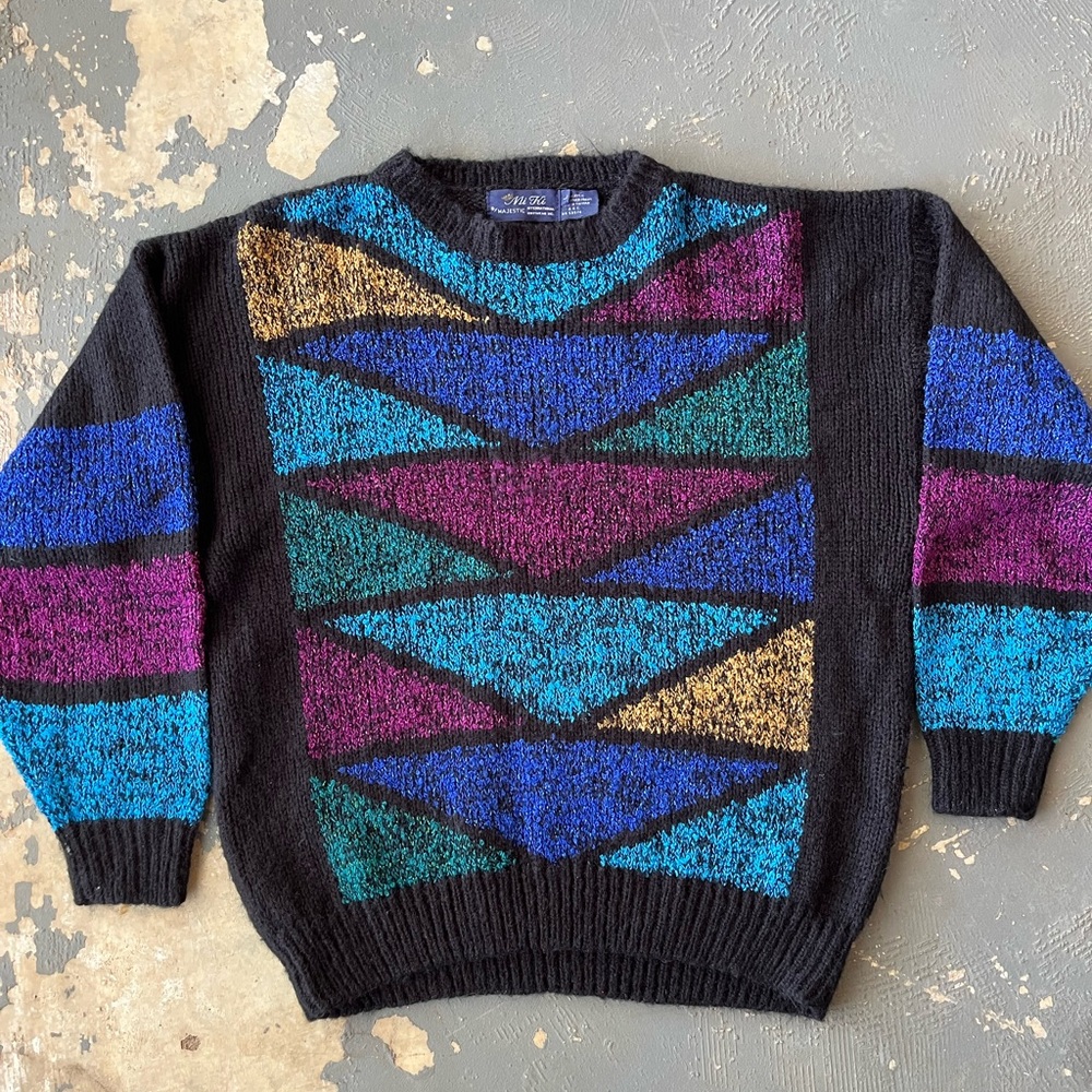 90s Black Sweater with Blue, Purple, and Gold Geometric Design
